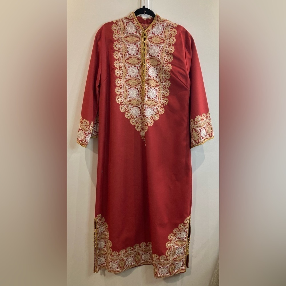 HANDMADE Kaftan Sz L Embroidered Neckline Hem and Cuffs Floor Length
